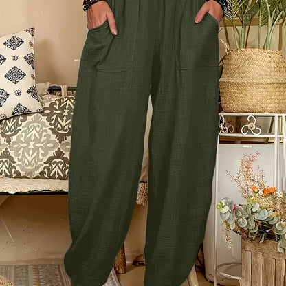 Polyester harem pants with elastic waist, pockets, and machine washable. Suitable for all seasons and plus size.