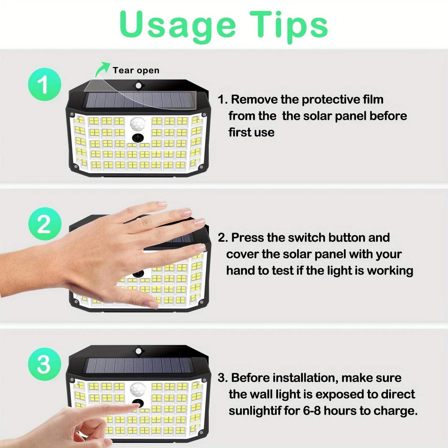 "Solar motion sensor light with 176 LEDs for outdoor use. Has 3 lighting modes for yard, path, and garage.