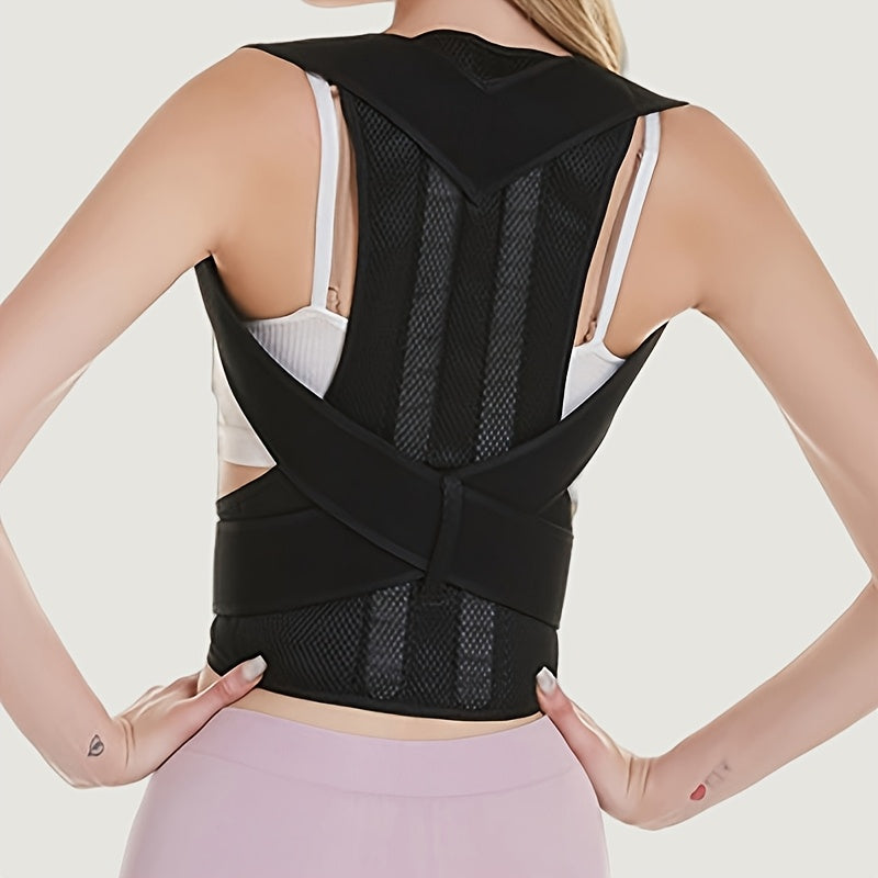 Unisex posture corrector back brace made of knit fabric, neoprene, polyester, and nylon. Adjustable waist protector for spine alignment with breathable design for year-round use.