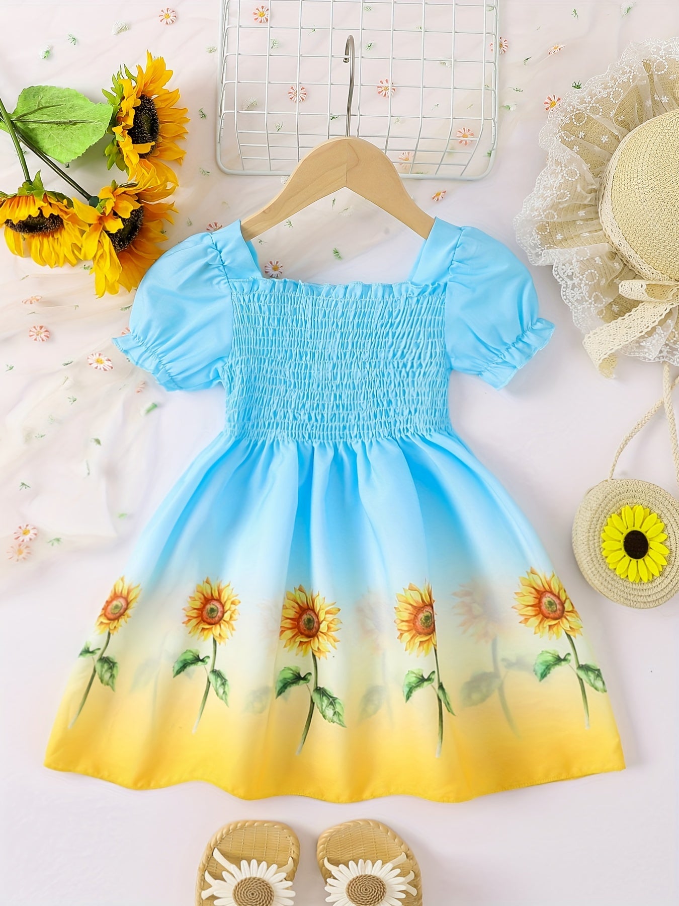 Girls Ombre Sunflower Pattern Princess Dress for Kids Casual Summer 4th Of July.