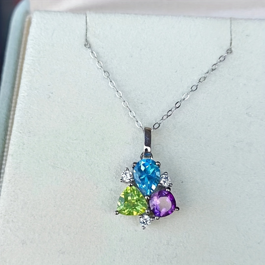 Handcrafted Tri-Color Gemstone Necklace featuring Topaz, Peridot, and Amethyst - 925 Sterling Silver, Birthstone Jewelry for November, No Plating, Ideal for Valentine's Day Gifts and Special Occasions, Suitable for All Seasons.