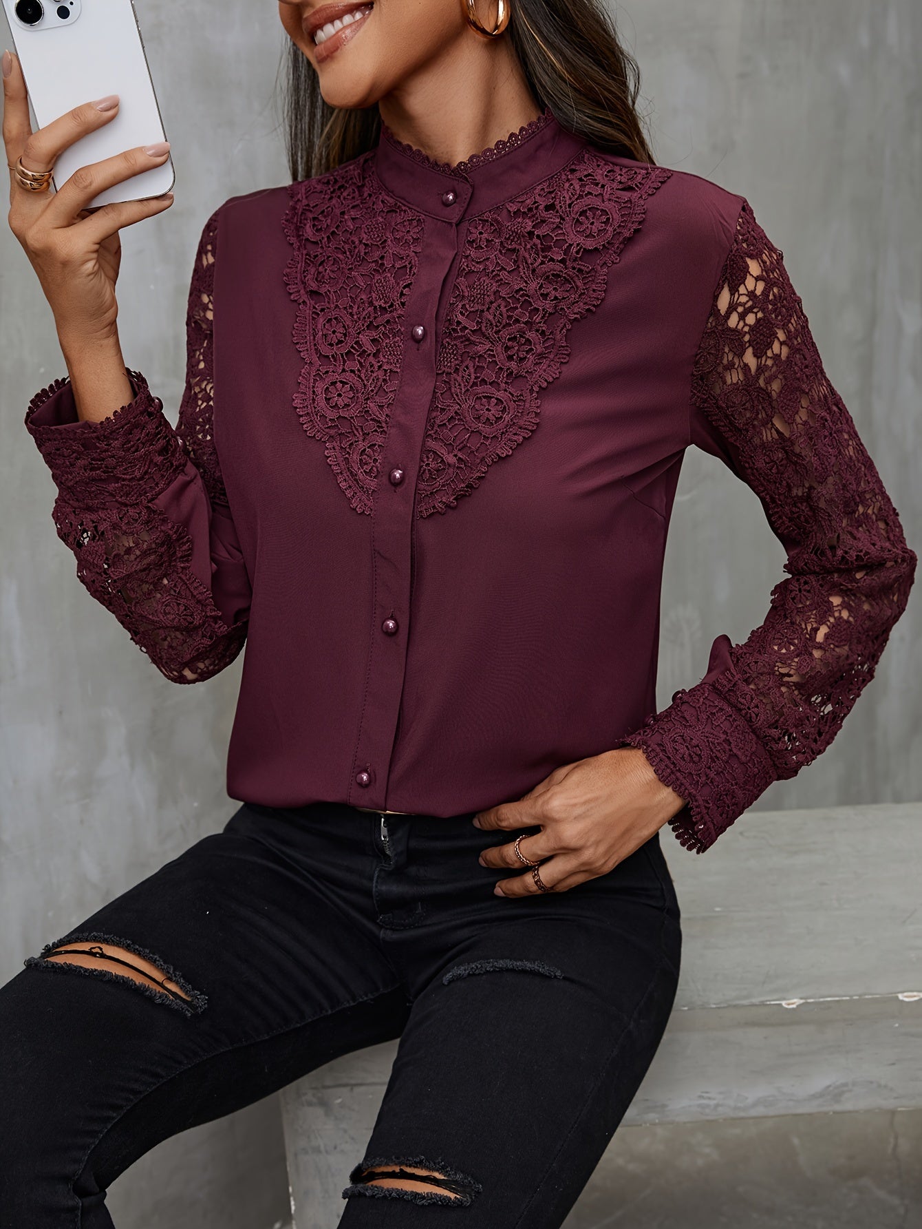 Contrast lace blouse with mandarin collar, perfect for women.