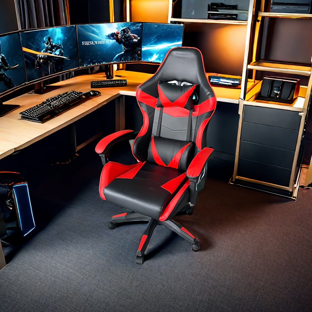 Ergonomic gaming chair with headrest and lumbar support, adjustable height and back tilt, 360° swivel, iron frame and sponge filling, plastic material with casters, handle-operated