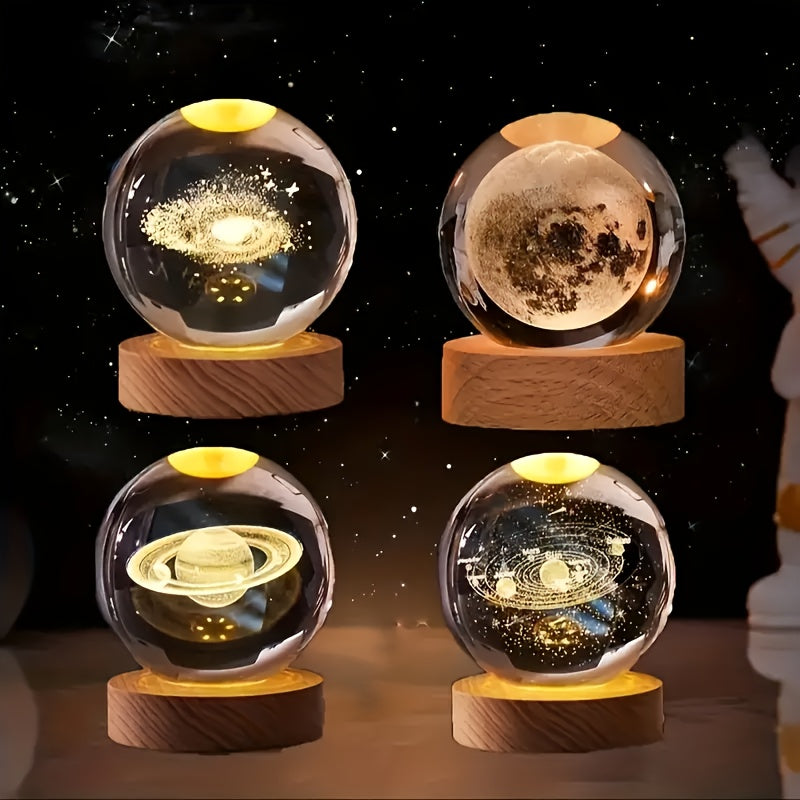 3D Crystal Ball with Solar System & Moon Engraving - USB Powered, Space Decor for Home and Office