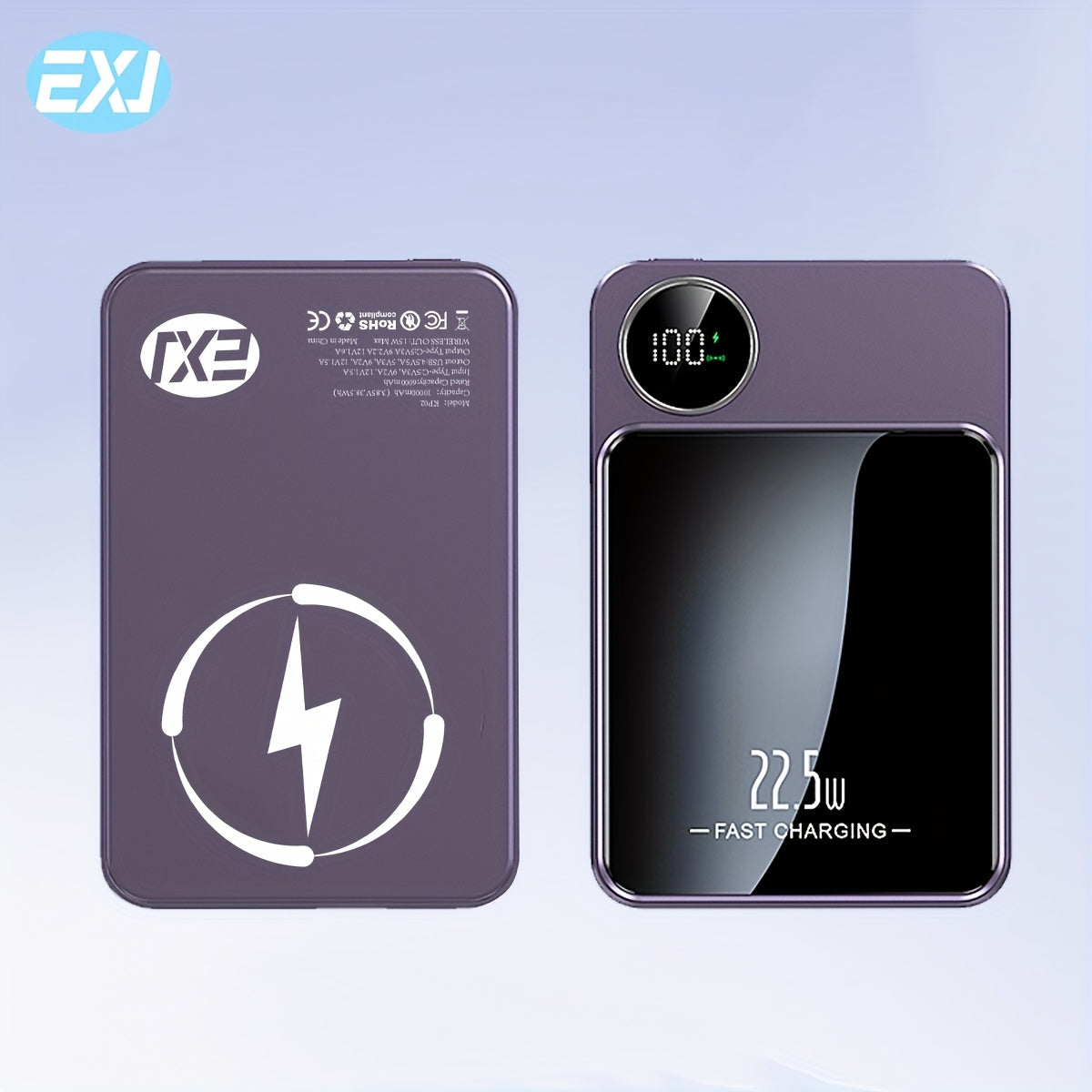 EXJ-PD 22.5W Magnetic Power Bank with USB-C cable, LED display, Mag-Safe, and PD fast charging for iPhone 16/15/14/13/12 models.