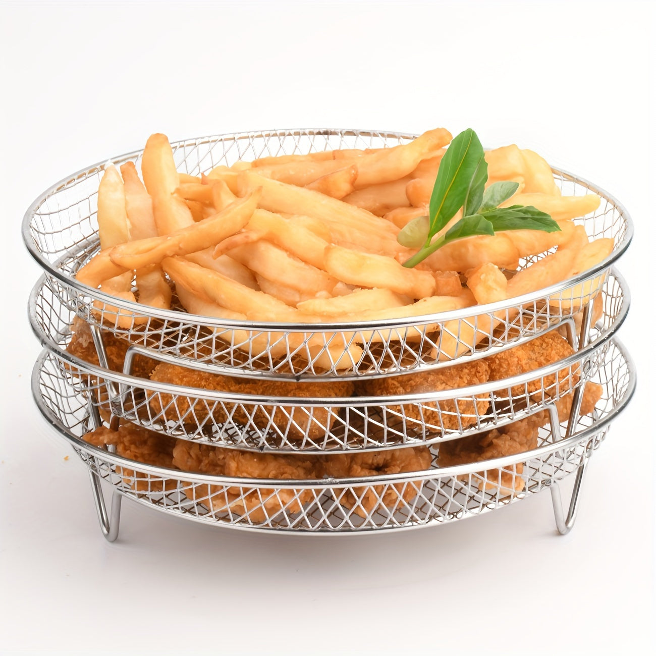 Accessory set for a 3-in-1 Air Fryer featuring a versatile stainless steel stacking rack, dehydrator, air fryer baking rack, barbecue net, fruit and vegetable fryer accessories, and a baking rack.