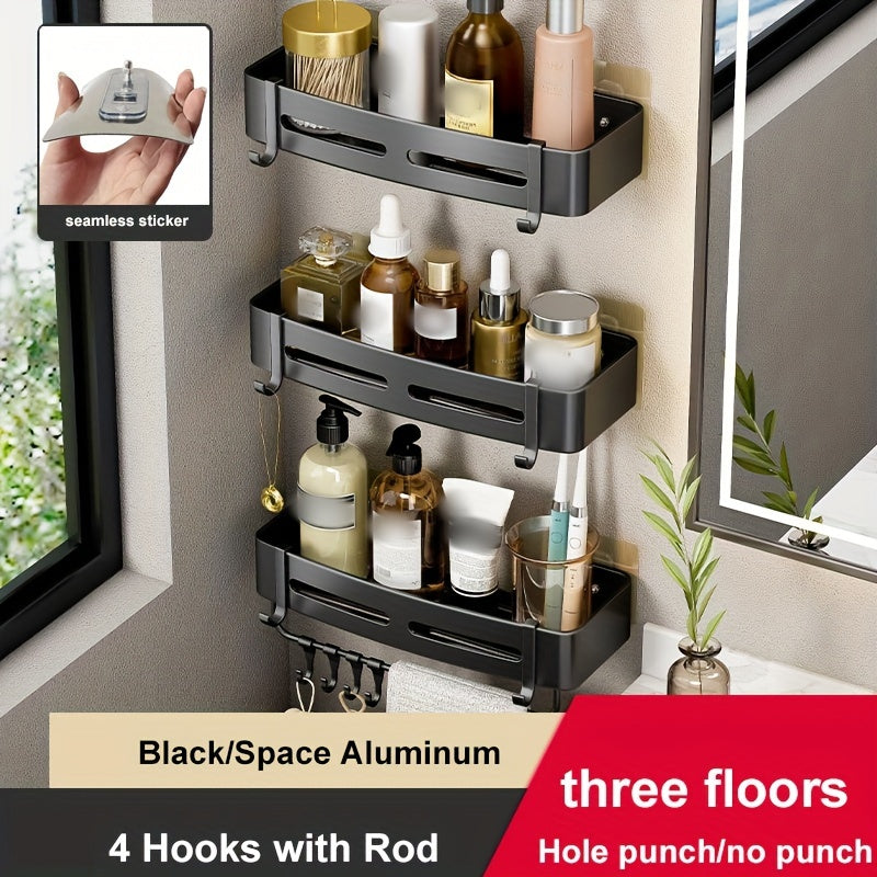 Wall-mounted bathroom storage rack for shampoo, shower gel, and cosmetics; made of space aluminum with no need for drilling.