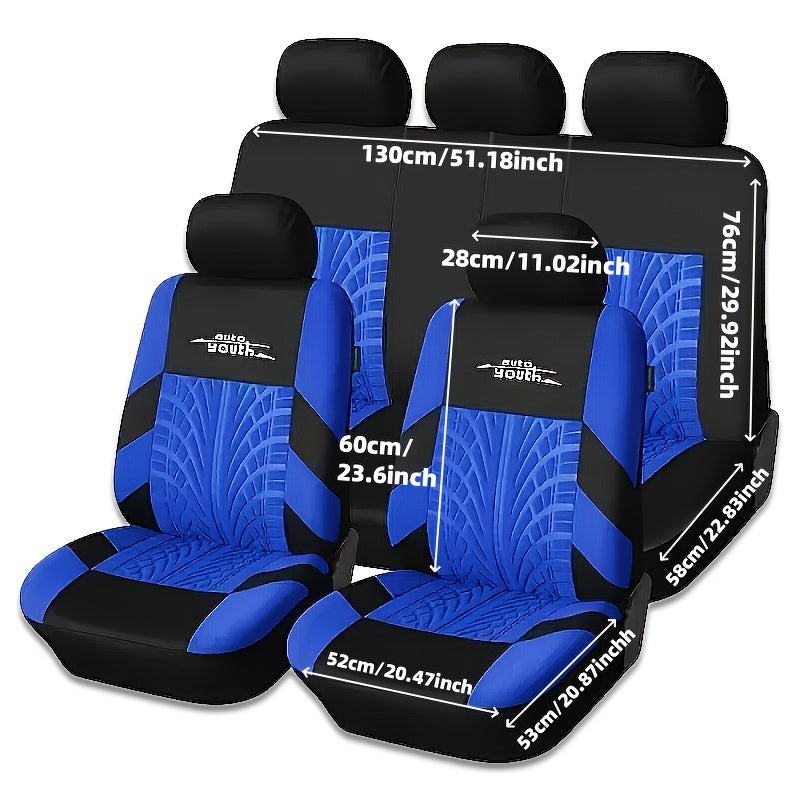 Polyester car seat cover for 5-seater vehicles, breathable and stain-resistant, with tire tread design. Fits sedans and SUVs.