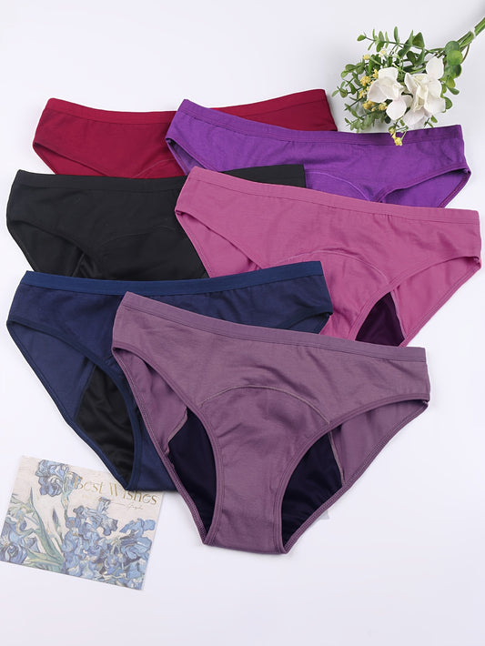 6 Women's period panties in assorted colors for full coverage and leak protection.