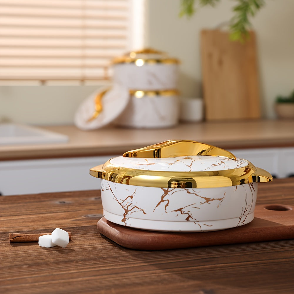 Golden Touch Food Warmer Set with 3 insulated stainless steel containers in various sizes, designed in white and golden marble. Keeps food hot for 6 hours and cold for 4 hours, perfect for