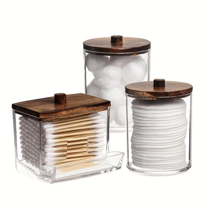 1/3 piece Swabs Dispenser with Apothecary Jar Organizer and wood lids for easy storage.