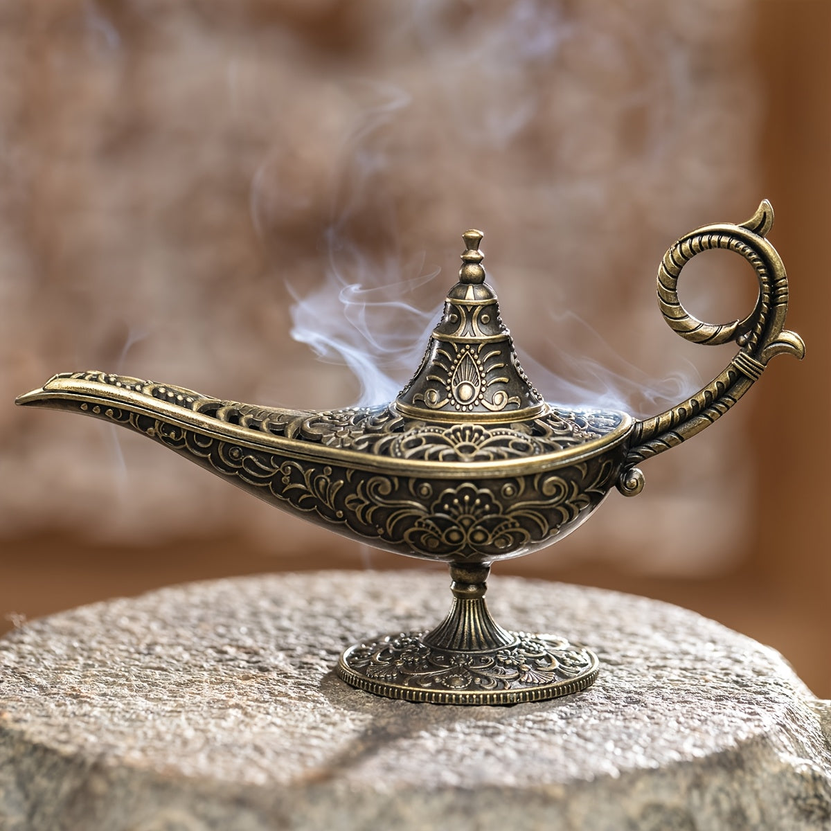 Aladdin's Magic Lamp Incense Burner: Antique metal holder for Frankincense and Tibetan Incense, with air purification for festive home fragrance on holidays.