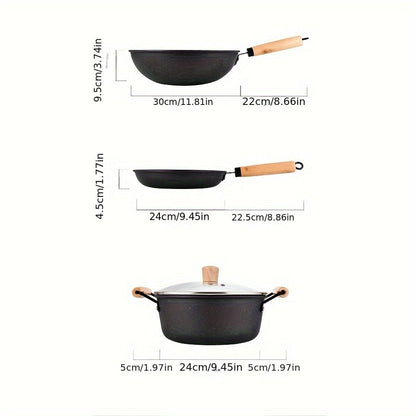 YumiPLUS Cast Iron Cookware Set - Includes 3pcs Non-Stick Skillet, Soup Pot & Frying Pan Combo with Flat Bottom, Perfect for Gifting and Promotions