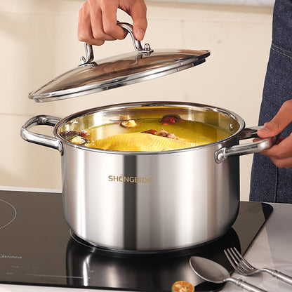 The 12-piece Stainless Steel Cookware Set includes 4 cooking pots, 1 skillet, 1 saucepan, and 6 lids. This set is perfect for a variety of cooking needs, with its large capacity and even heat distribution. It is compatible with both induction and gas