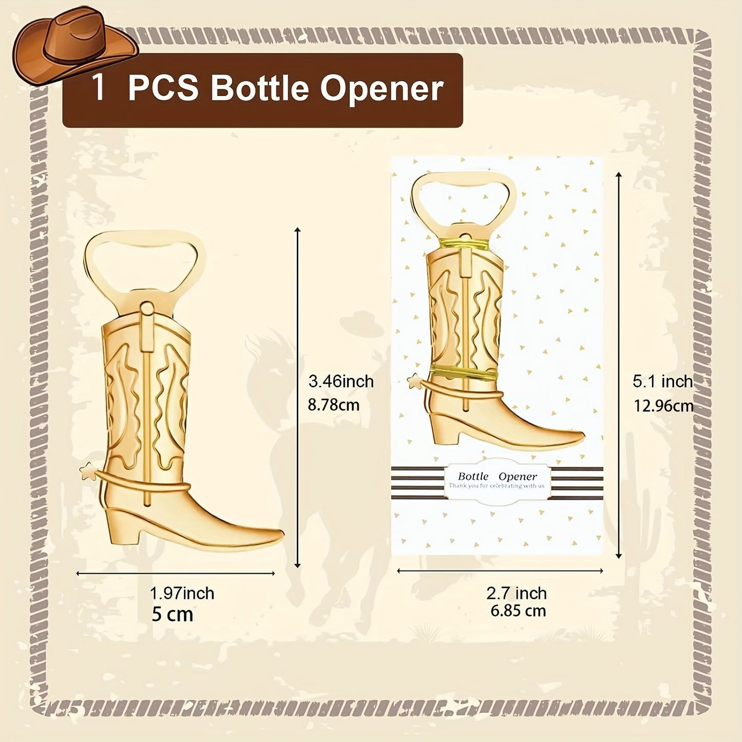 Cowboy boot shaped bottle opener, available in packs of 20 or 40 pieces. Ideal for bars or homes. Perfect as a wedding favor gift or bar accessory.