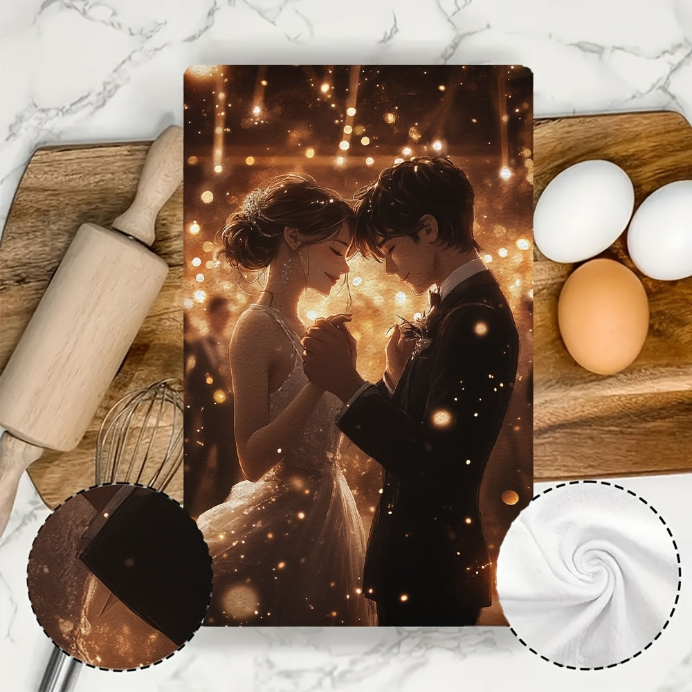 Get a pair of luxurious kitchen towels showcasing a charming anime couple dancing in a dazzling ballroom surrounded by twinkling lights and music. These super absorbent dish towels are ideal for adding a festive touch to your home decor during the