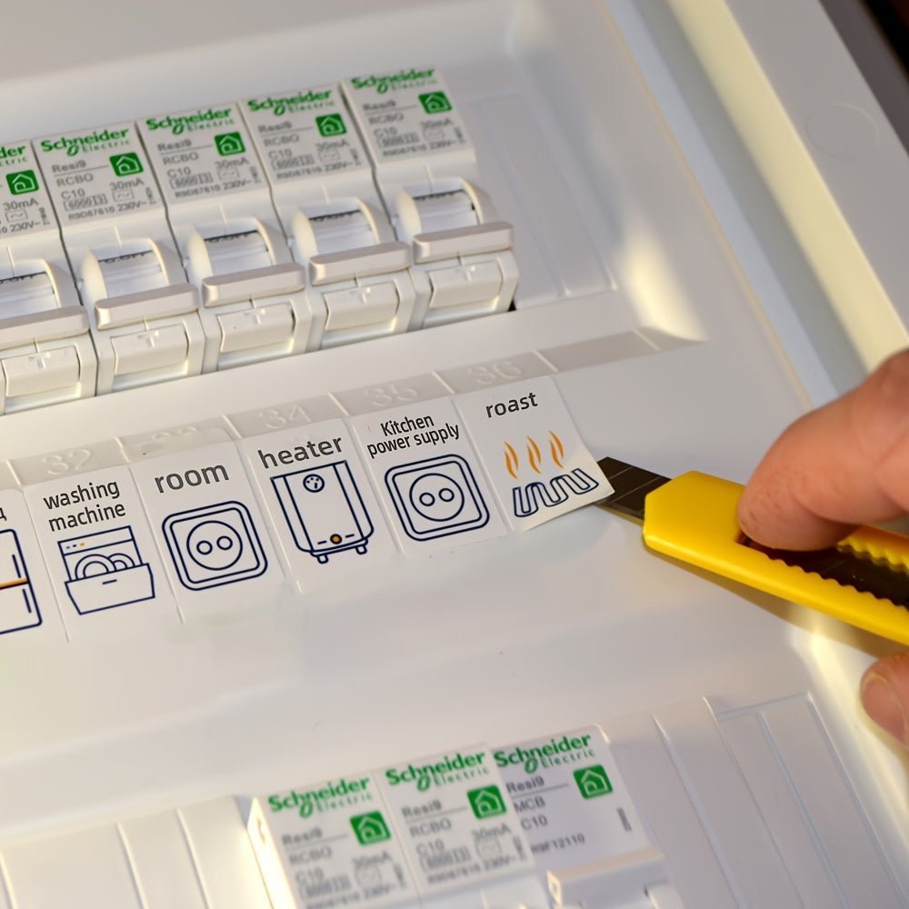 57-piece set of electrical panel label stickers for easy identification of circuit breakers and reminders.