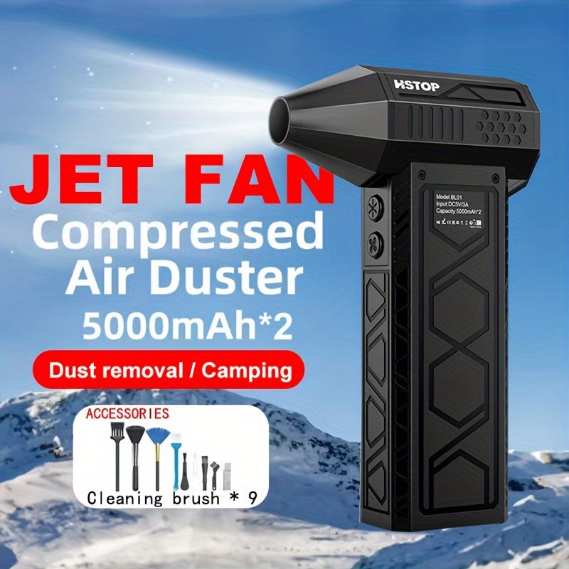 Introducing the HSTOP Mini Jet Fan, a powerful 5000mAh Compressed Air Duster that serves as a versatile Power Blower for use in homes, kitchens, and outdoor settings. This handy tool comes with 9 Cleaning Accessories and features a USB rechargeable