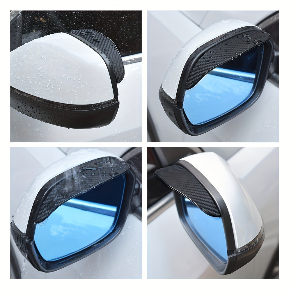 Universal car side mirror rain visors in a 2-pack with PVC carbon fiber pattern for glare protection, suitable for most vehicles, trucks, and SUVs.