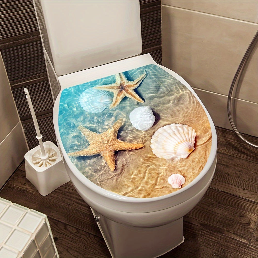 Ocean Beach Seashell Toilet Lid Cover Sticker, 39.88x34.8cm, for Sea Life Bathroom Decor, Self-Adhesive Waterproof Decal