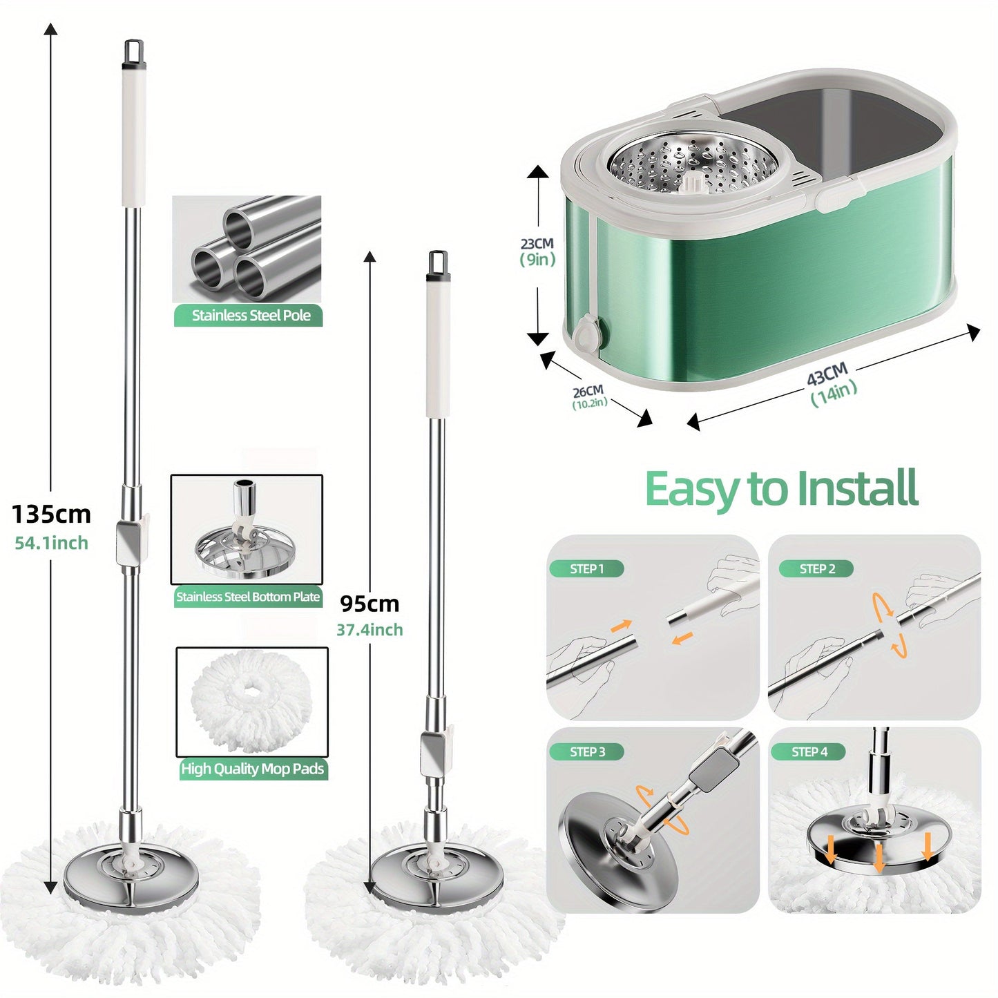 Yashil rangdagi qulay oson burama spin mop va chelak to'plami - mustahkam zanglamaydigan po'lat, har bir xonada qo'l bilan tozalash - oshxona, hammom va yashash xonasi uchun ko'p funksiyali tozalash yechimi
