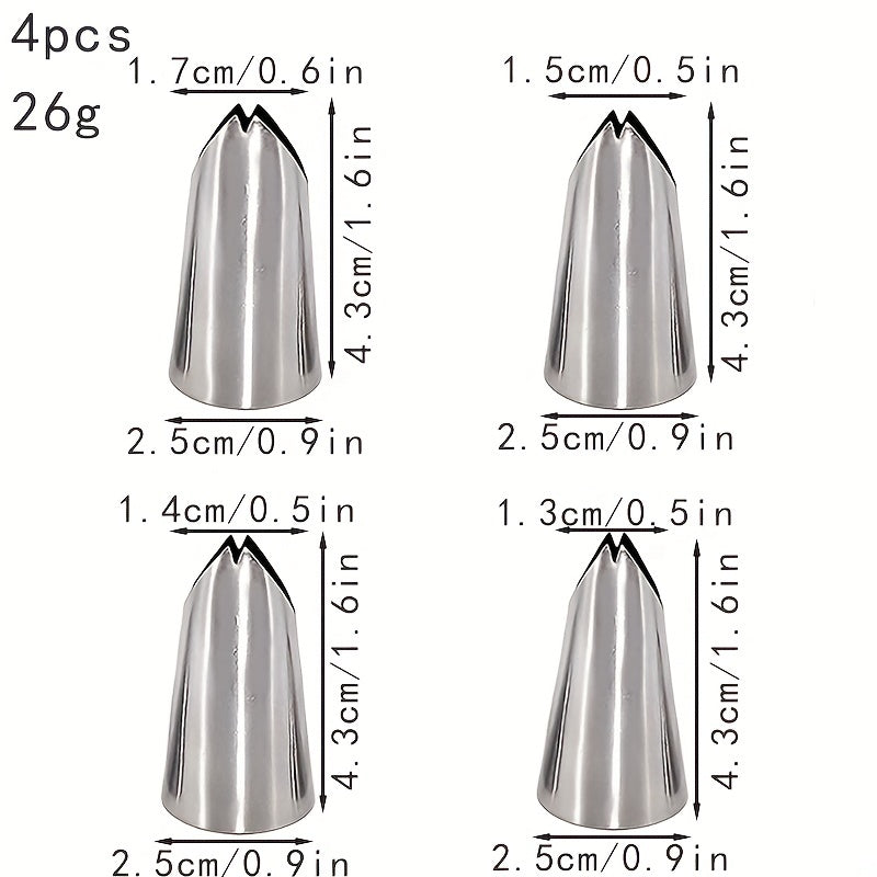 Set of 4 Stainless Steel Piping Tips, Medium-Sized (1.27/1.52cm) Icing Nozzles for Cake Decorating. Includes Bow and Leaf Lily designs. Perfect for Home Bakeries and Kitchen Supplies. Ideal for Baking Needs.