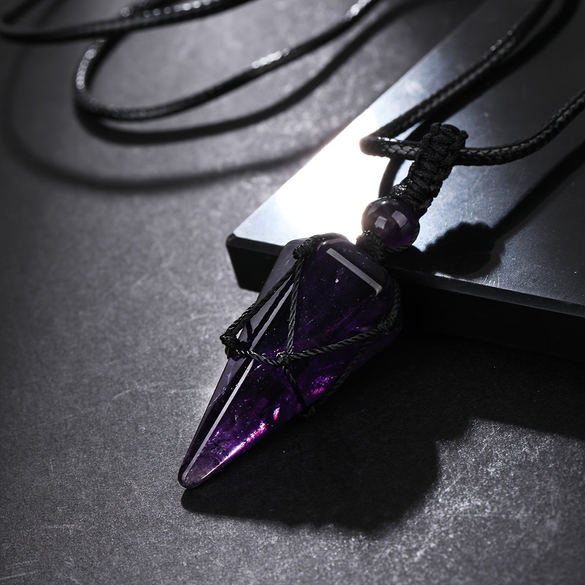 Fashionable Men's Hexagonal Cone Pendant Necklace with Braided Rope - Natural Amethyst Crystal Accent