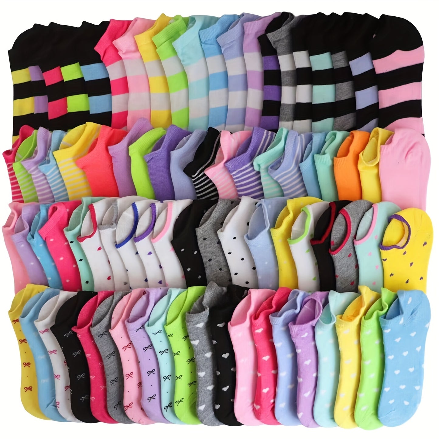 20 women's ankle socks in candy-colored heart and stripe patterns made of breathable polyester blend with ribbed detail, suitable for everyday casual wear.