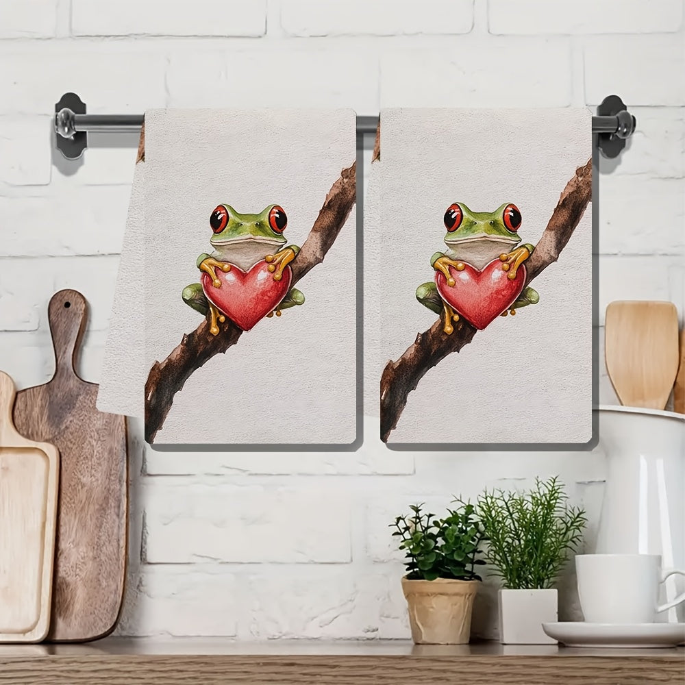 Valentine's Frog Design Kitchen Towels - Set of 2 Ultra Soft and Highly Absorbent Dish Hand Towels, Machine Washable, 40.64x60.96 cm - Ideal for Holiday Decor