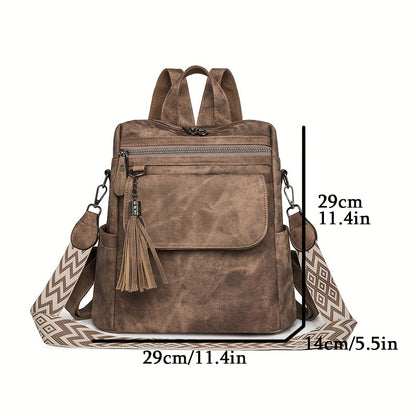 Retro brown women's fashion backpack with large capacity and versatile design, including multiple zippers. Can also be used as a crossbody or shoulder bag.