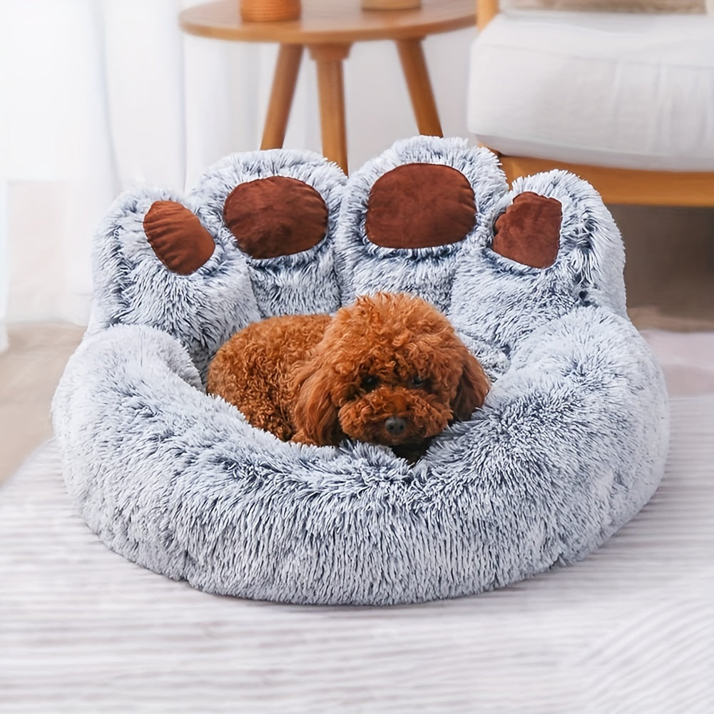 Soft paw-shaped pet bed for small to medium dogs and cats. Warm gray round sofa bed ideal for winter snuggling.