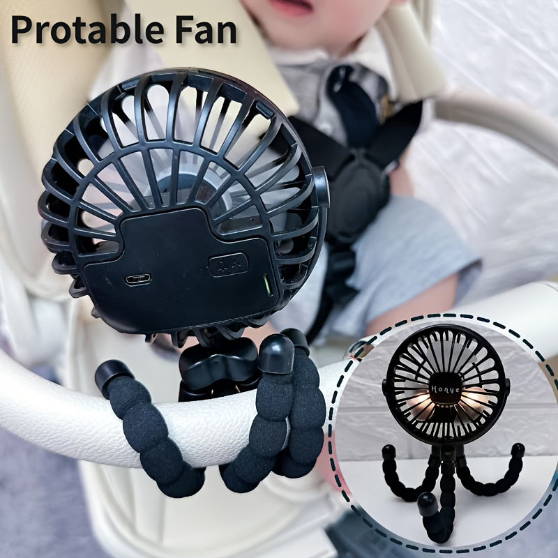 Enjoy daily convenience with this versatile 3-speed portable fan featuring a flexible tripod. Whether you need a quiet fan for your stroller, desk, bike, or camping trip, this USB rechargeable and battery-powered fan has you covered. It includes an AA