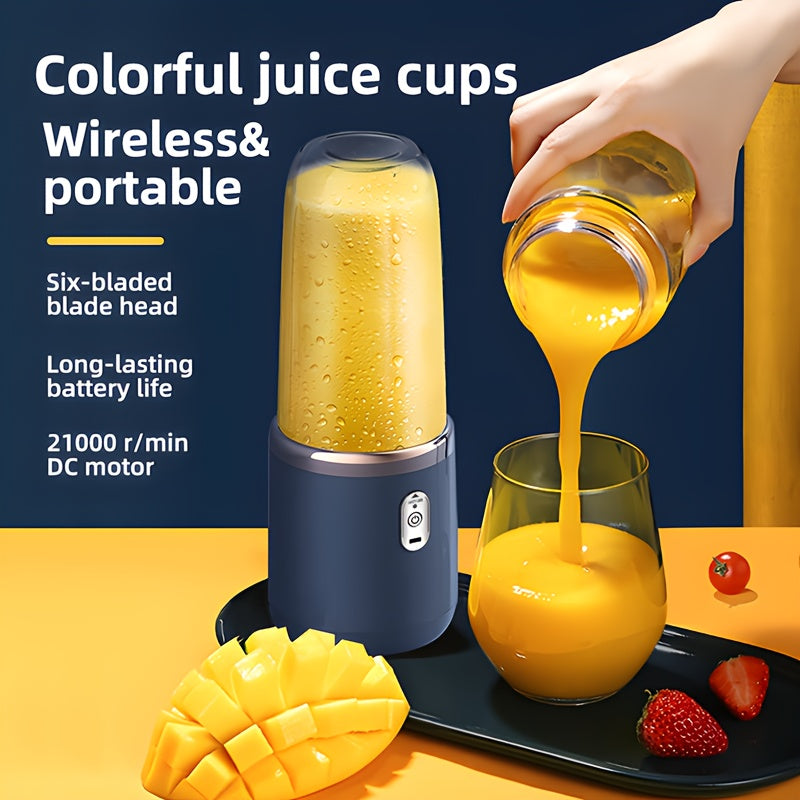 This kitchen appliance is a portable USB rechargeable blender perfect for making smoothies and purees. It has a 2-cup capacity and features a 6-blade multifunctional design for personal juicing. With its round plastic shape and built-in lithium battery