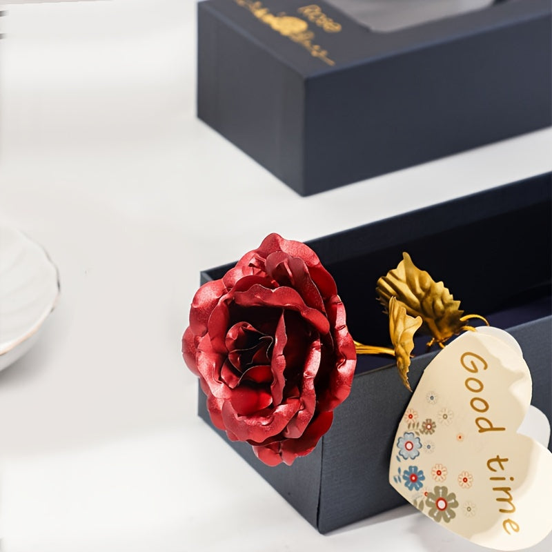 Artificial rose flower set with gift box, card, and romantic handmade design for Valentine's Day, New Year, girlfriend, party, or wedding gift.