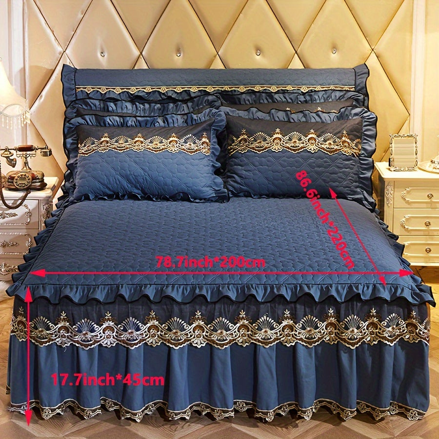 3-piece set of solid color quilted sandwich love quilt with high-rise lace bed skirt. Includes 1 bed skirt and 2 pillowcases. Multi-layer lace embellishment, fashionable and beautiful.