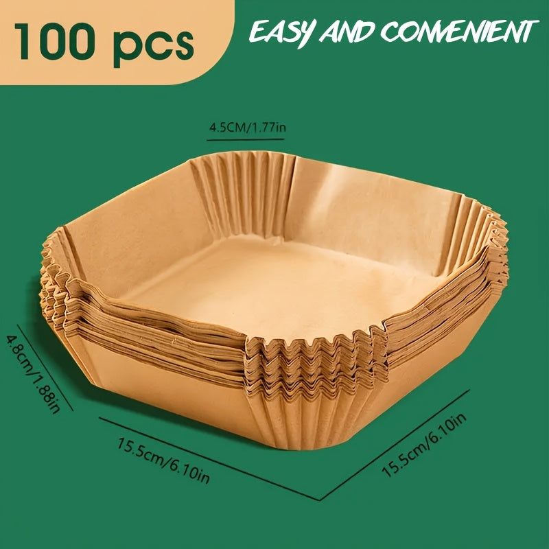 One hundred pieces of square air fryer liners - these pre-cut parchment paper mats are non-stick and food-grade for baking and cooking, with absorbent properties.