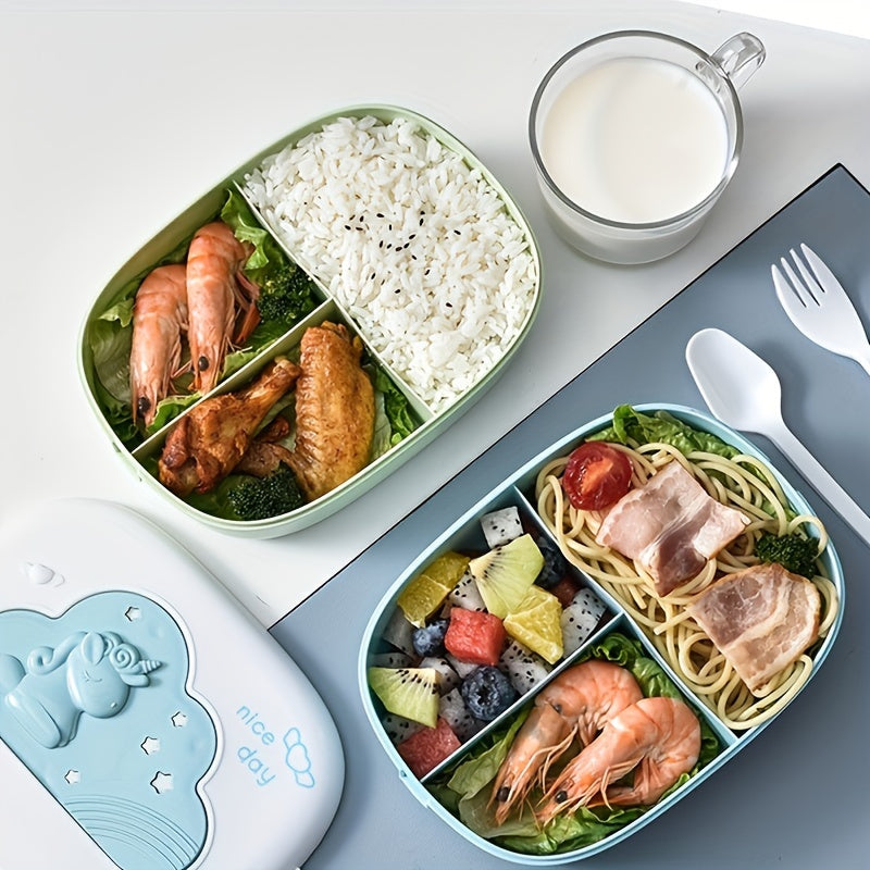 Durable Plastic Lunch Box with Playful Cartoon Design, Compartments, and Insulation - Perfect for Students and Office Workers. Microwave Safe and Manual Use, Portable Square Shape for Convenient Meal Storage.