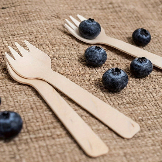 100 pieces of disposable birch wooden mini forks measuring 10.16 cm, perfect for parties and gatherings like Mardi Gras, graduations, birthdays, Christmas, weddings, and camping. Ideal for serving cake, dessert, and ice cream.