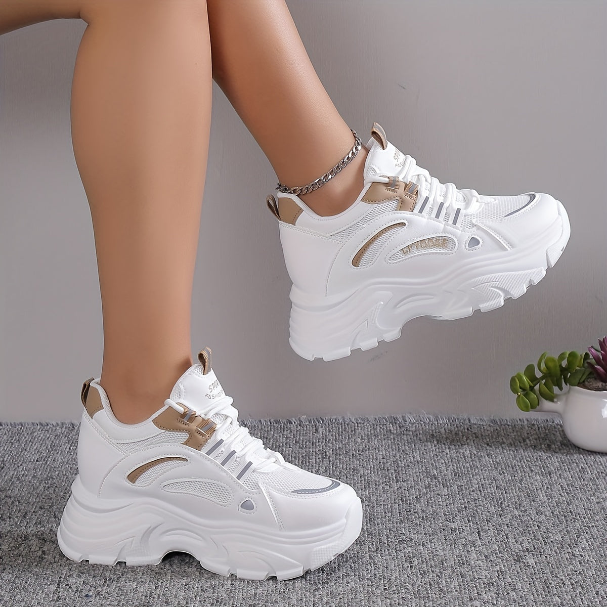 Women's solid color mesh sneakers with lace-up low-top design, round toe, heightening thick sole, and versatile comfort.