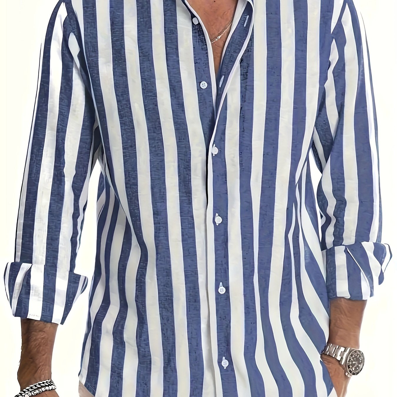 Men's casual striped long sleeve button-up shirt in white & brown vertical stripes. Made from a cotton linen blend, lightweight & breathable. Ideal for beach vacations, date nights, or as a