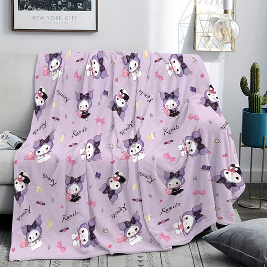 One Kawaii Kuromi Flannel Throw Blanket Authorized by Sanrio - Anime Design with Digital Print, Versatile Cartoon Blanket for All Seasons in Living Room, Bedroom, or Office - Soft Polyester, Knitted Detail, Dry Clean Only - Lightweight, Cozy and Warm