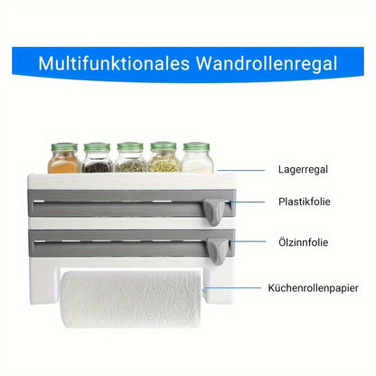 Wall-mounted kitchen storage rack with built-in cutter for plastic wrap, foil, tape, and paper towels. Easy access, easy installation, space-saving design for drawers and cabinets. Helps