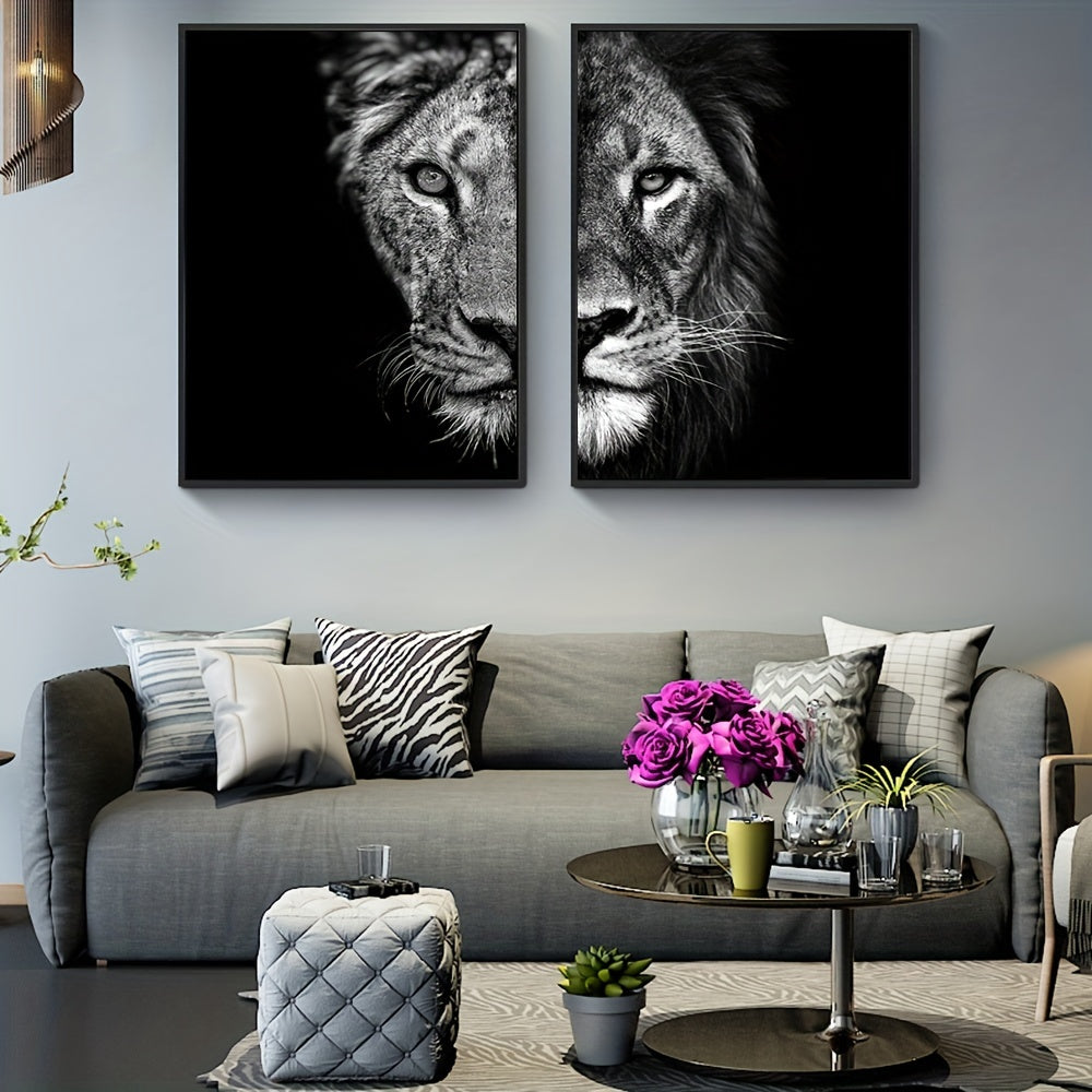 African Lion Wall Poster Set - Frameless Canvas Painting - 15.7x23.6in - Black and White Design