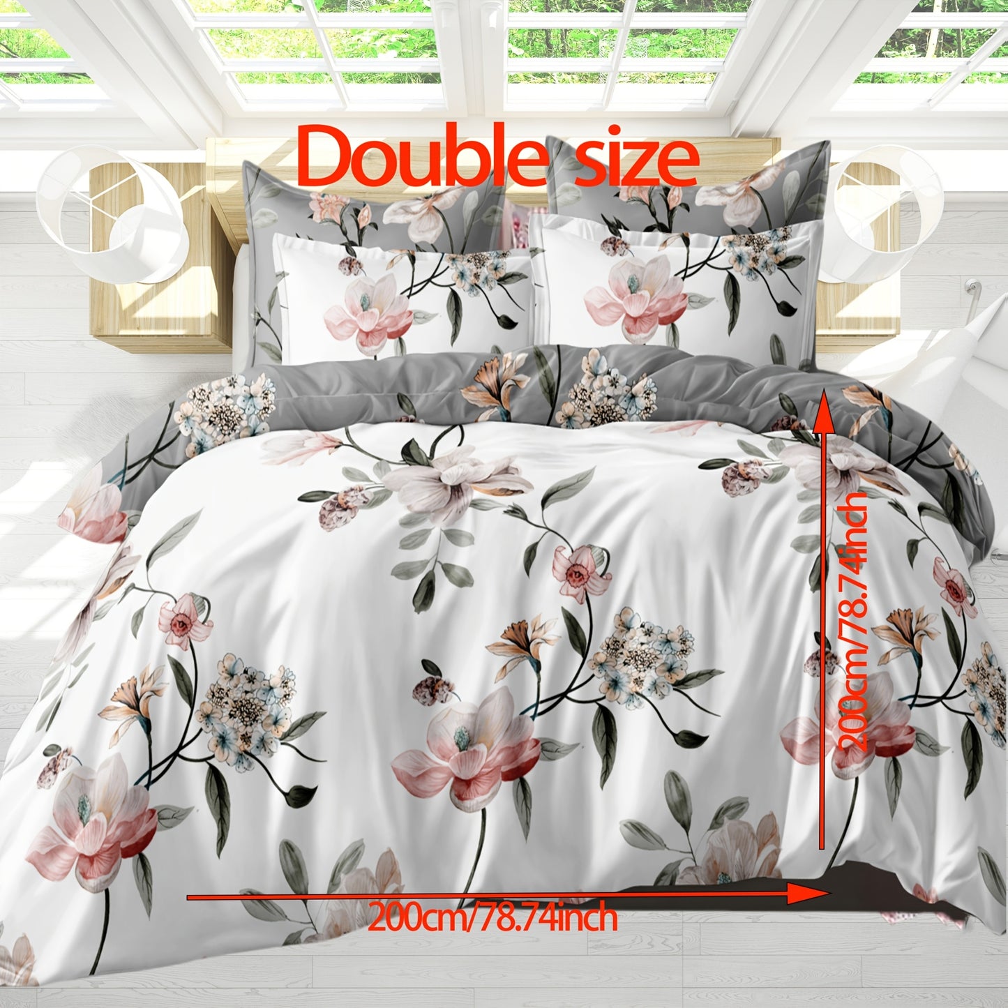 Two-color, two/three piece set of flower-themed bedding for bedroom and guest room. Soft, comfortable, and skin-friendly fabric.