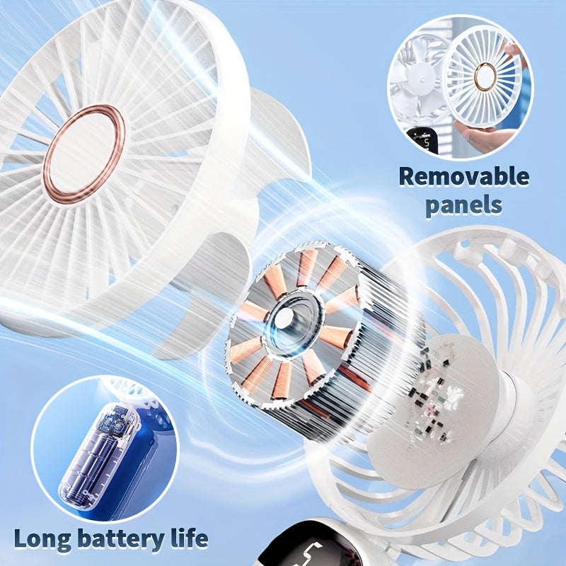 1 Piece of Portable Handheld Fan with LED Display, Foldable 90° Table Fan, 5 Speeds, Rechargeable Lithium Battery, USB Charging, Suitable for Indoor and Outdoor Use.