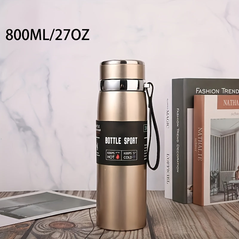 Stainless steel 1000ml vacuum insulated water bottle with portable strap, BPA-free, keeps hot/cold for sports and outdoor activities, hand wash only.