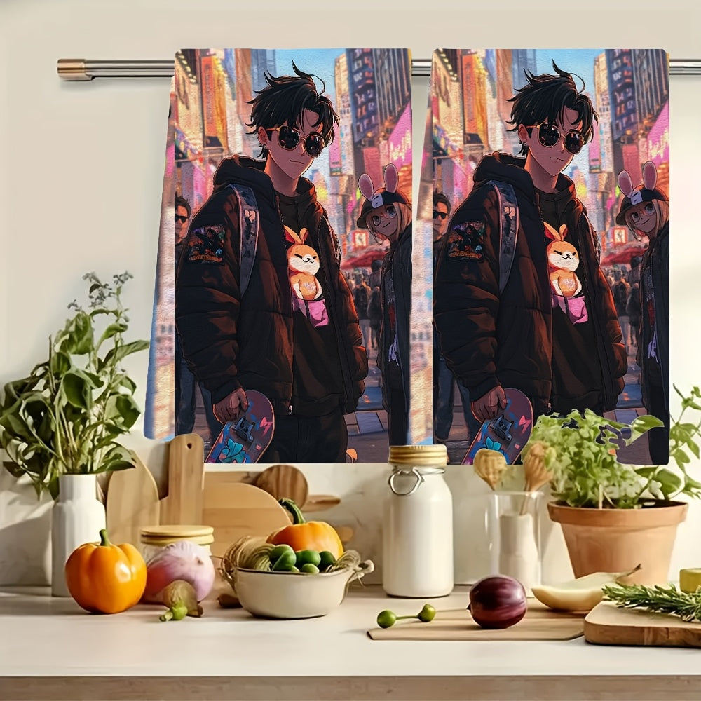 Set of 2 Ultra Soft Kitchen Towels featuring a stylish Anime Boy skateboarding through the city with his friends. Highly absorbent and perfect for holiday decor, these machine washable hand towels are 16x24 inches in size. Code: 2KYSYS1215016