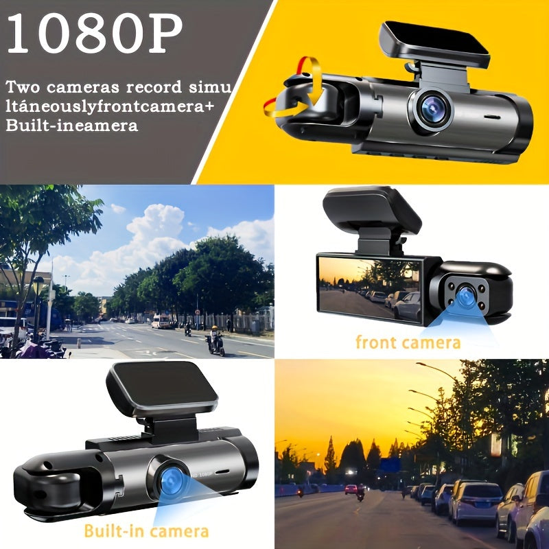 Upgraded driving recorder set with 64G memory card, car mobile phone fast charging, 1080p night vision, alloy sunscreen shell, dual front and interior cameras.