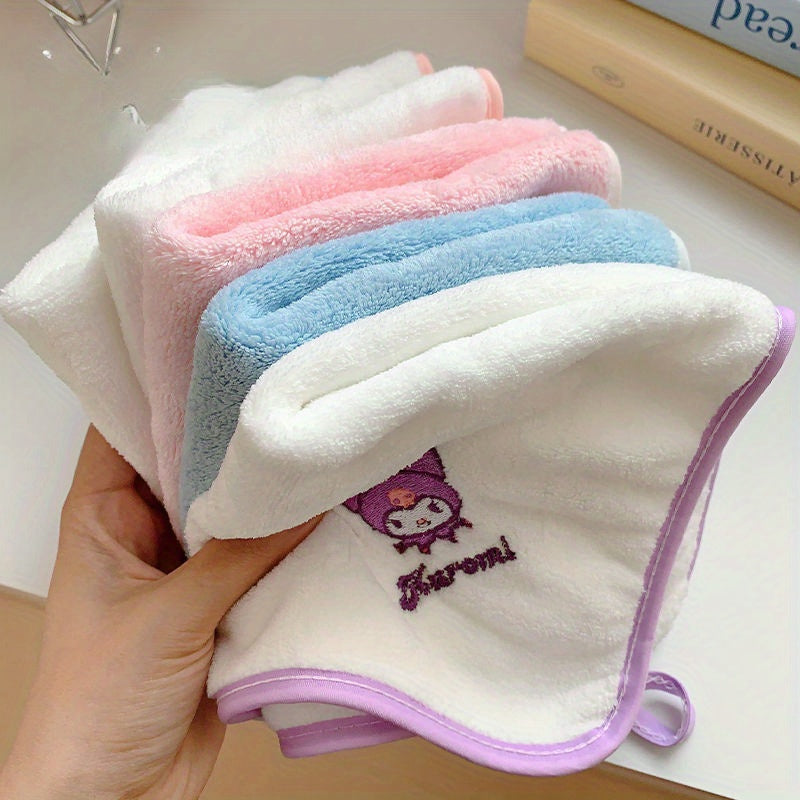 Soft coral fleece towel in modern striped pattern with Kuromi & My Melody design, perfect for face & bath, daily use, 280 GSM, ginkgo square shape.