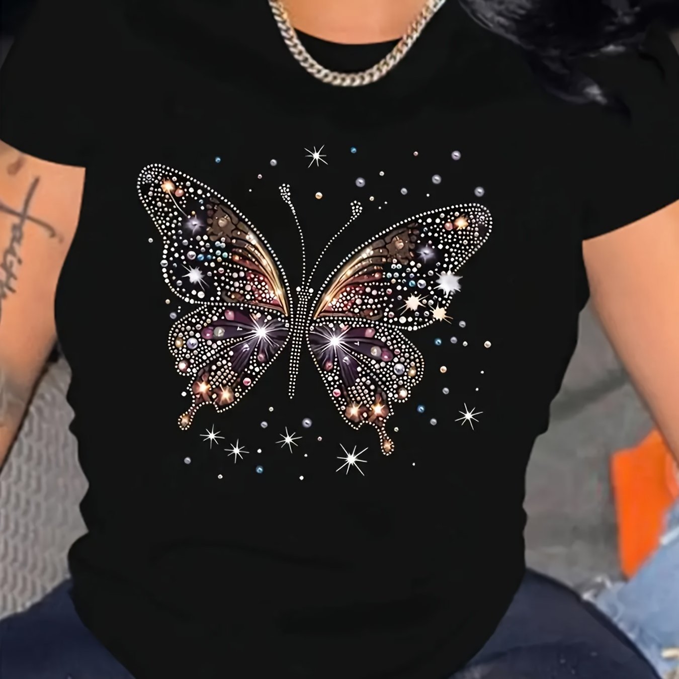 Women's Casual Butterfly Print T-Shirt made of soft polyester/spandex blend, crew neck, short sleeve, machine washable.